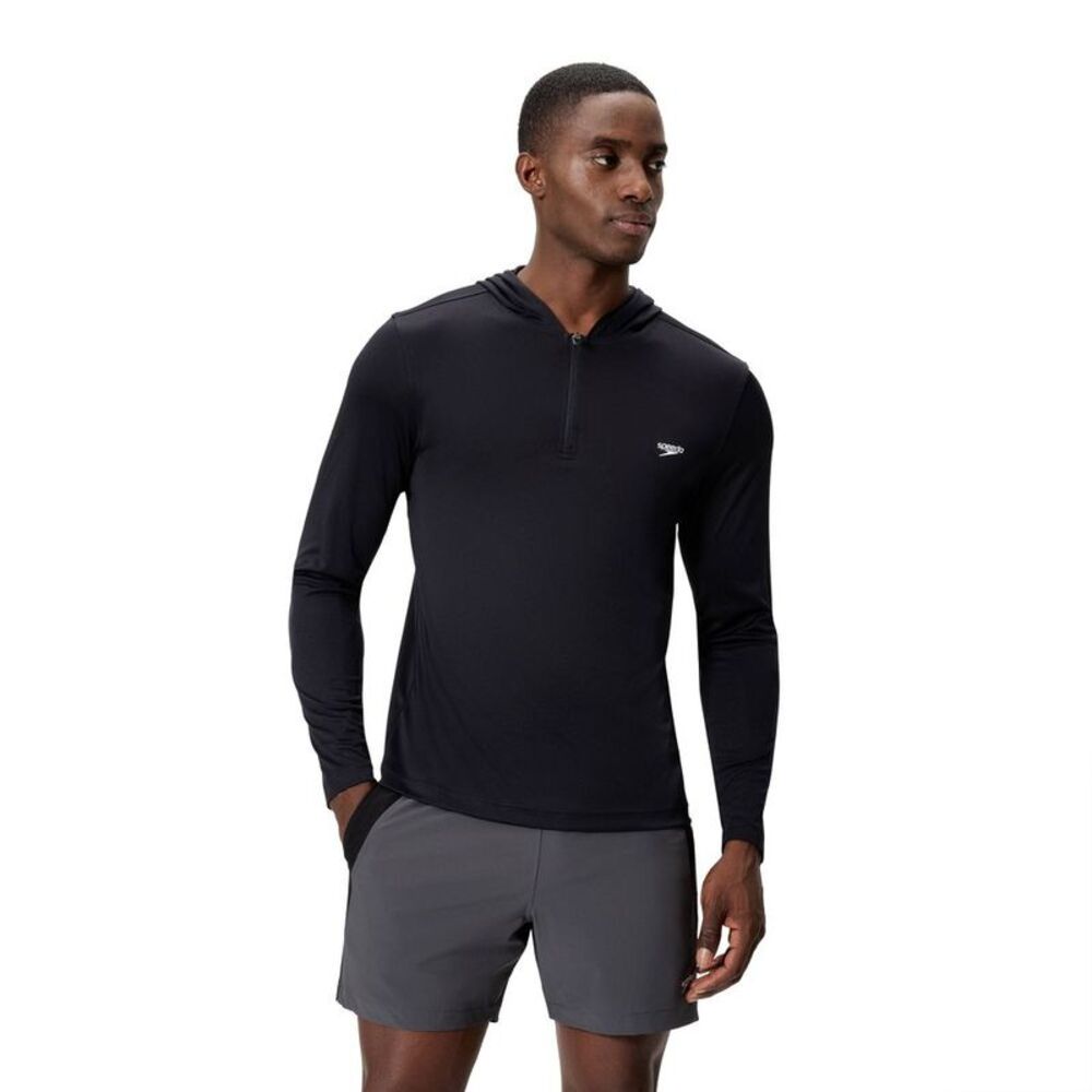 Speedo - Men's Speedo Half-Zip Hooded Rash Guard Swim Shirt Black
